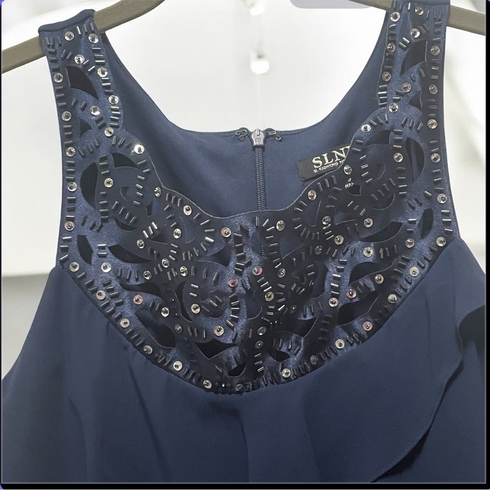 SLNY Navy Layered Midi Dress with Beaded Neckline - Picture 3 of 10